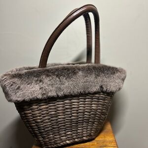 Elegant Brown Fur-Trimmed Woven Bag